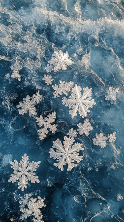 Delicate snowflakes fall gracefully against a deep blue backdrop, sparkling with a touch of winter magic and enchantment, evoking feelings of warmth and nostalgia.の素材