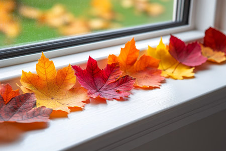 Brightly colored autumn leaves in shades of red, orange, and yellow are beautifully displayed on a white windowsill, capturing the essence of fall season.の素材