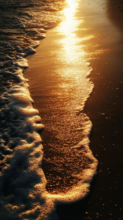 Waves gently lapping at the shore reflect golden sunlight, creating a tranquil and beautiful setting at dusk, perfect for relaxation.の素材