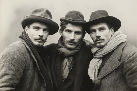 Three men stand closely together, dressed in fashionable winter coats and hats. Their serious expressions convey a sense of camaraderie and shared resolve.の素材