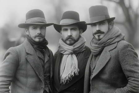 Three men stand closely together, dressed in fashionable winter coats and hats. Their serious expressions convey a sense of camaraderie and shared resolve.の素材