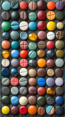 A diverse collection of capsules in various colors and sizes is displayed on a light background, emphasizing health and wellness supplements available for daily use.の素材