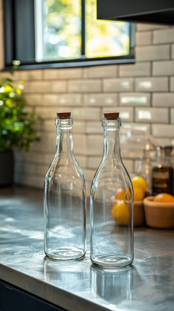 Two whiskey bottles sit on a polished surface, their amber liquid glowing in the warm sunlight streaming through a large window, creating a tranquil atmosphere.の素材