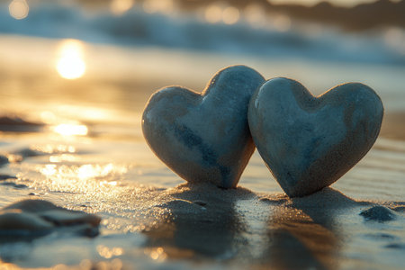 Two smooth, heart-shaped stones rest on golden sand as gentle ocean waves lap nearby. The sun sets, casting a warm glow over the tranquil beach setting.の素材