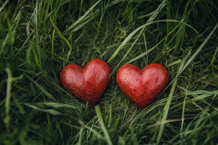 Two shiny red hearts sit on vibrant green grass, glistening with moisture from a recent rain, symbolizing love and affection. The tranquil scene evokes feelings of warmth and connection.の素材