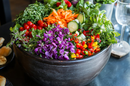 Colorful bell peppers and ripe tomatoes are arranged together in a rustic container, showing the abundance of fresh produce available at a bustling market.の素材