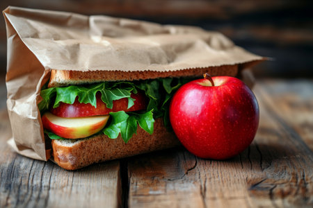 A fresh sandwich made with whole grain bread, layered with lettuce and tomato, sits next to a shiny red apple in a brown paper bag on a rustic wooden table.の素材