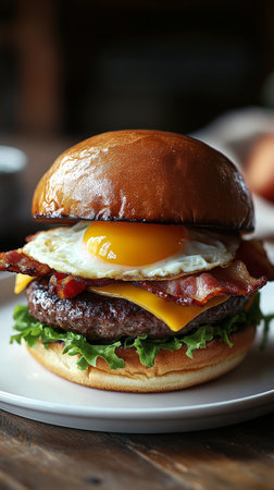 A delicious burger stacked high with a juicy beef patty, crispy bacon, cheddar cheese, and a fried egg, served with fresh lettuce on a toasted bun in a welcoming diner.の素材