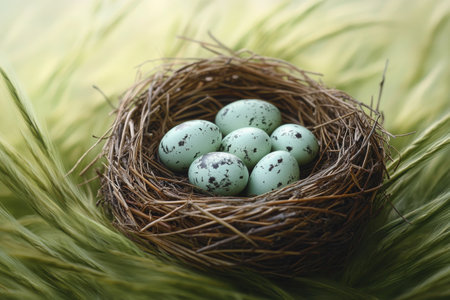 A carefully woven nest holds several spotted eggs, resting on vibrant green moss. The backdrop features rolling hills and soft sunlight illuminating the serene surroundings.の素材
