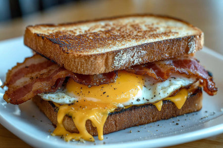 A hearty breakfast sandwich features layers of crispy bacon, a perfectly fried egg, and melted cheddar cheese nestled in grilled bread, served on a white plate.の素材