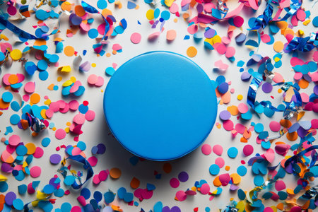 A bright blue ball rests on a vibrant layer of confetti in various colors, creating a cheerful atmosphere perfect for a celebration or party setting.の素材