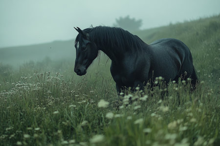 A strong black horse is grazing in a lush, fog-covered meadow. The early morning light creates a serene atmosphere as flowers surround the animal, highlighting its beauty.の素材