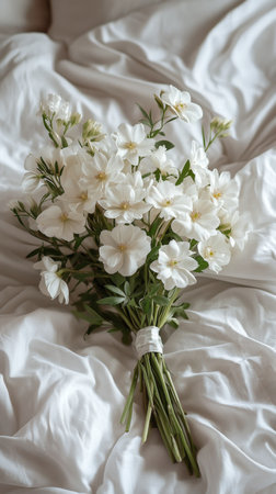 A bouquet of fresh white flowers rests on a neatly made bed in a bright, airy bedroom. Soft lines and gentle sunlight create a serene atmosphere.の素材