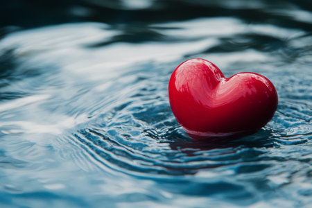 A vibrant red heart-shaped object floats gracefully on the still surface of water, reflecting soft sunlight and creating a tranquil atmosphere.の素材
