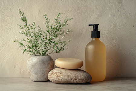 A tranquil spa arrangement featuring a soft amber bottle, smooth stones, and a vase of delicate flowers, creating a calming atmosphere for wellness.の素材