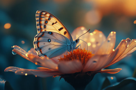 A delicate butterfly rests on a vibrant flower in a garden during sunset. Soft sunlight illuminates the petals and creates a magical atmosphere filled with evening colors.の素材