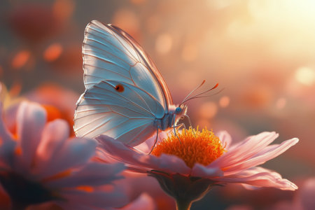 A delicate butterfly rests on a vibrant flower in a garden during sunset. Soft sunlight illuminates the petals and creates a magical atmosphere filled with evening colors.の素材