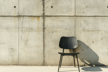 A solitary black chair stands in front of a textured concrete wall, creating a stark contrast. The setting gives off an industrial vibe, emphasizing minimalism in design.の素材