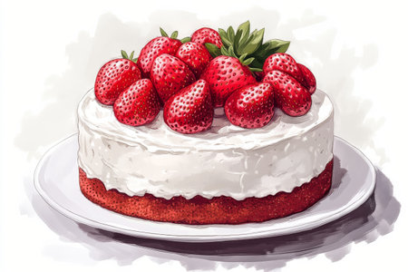 Delicious cake topped with fresh strawberries and whipped cream sits on a plate. It is presented in a bright kitchen, showcasing a delightful dessert ready for enjoyment.の素材