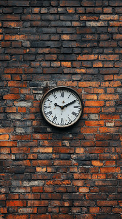 A vintage clock is affixed to a weathered brick wall, displaying the time prominently amid the aged bricks and rustic charm of the setting.の素材