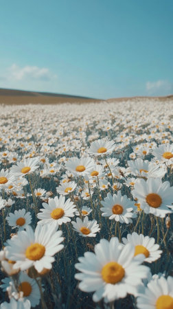 Daisies fill a lush meadow, their white petals contrasting with the bright green grass under a sunny sky. Fluffy clouds add depth to the serene landscape, creating a peaceful atmosphere.の素材