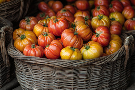 Brightly colored heirloom tomatoes are stacked in woven baskets, showing their vibrant hues of red and orange at a bustling farmer market in the afternoon.の素材