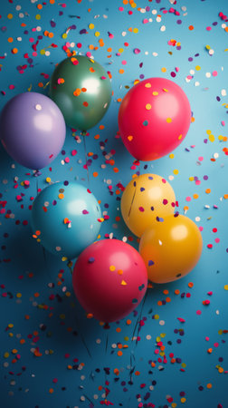Bright balloons in various colors float against a blue background as vibrant confetti falls, adding joy and excitement to a festive celebration, perfect for parties.の素材