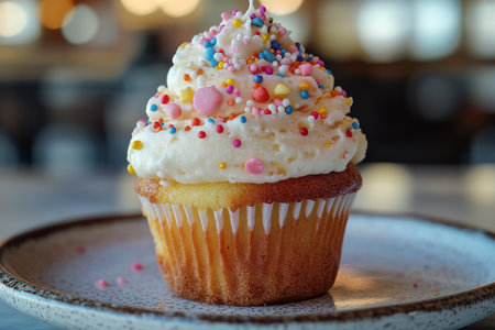 A vanilla cupcake topped with creamy frosting and vibrant sprinkles rests on a decorative plate. Its presentation evokes a joyful atmosphere suitable for celebrations.の素材