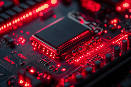 A microchip circuit board illuminated with vibrant red LEDs sits against a dark background. It showcases intricate details of technology and design during nighttime.の素材