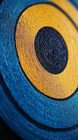 Striking concentric circles in vivid blue and yellow contrast against a dark background, highlighting a textured design that captures attention and evokes interest.の素材