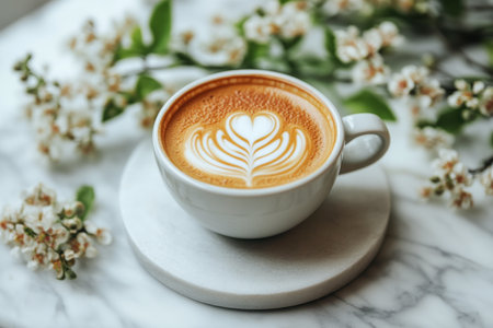 A white cup filled with creamy coffee features stunning latte art resembling a delicate leaf pattern. The cup sits on a smooth marble table surface, highlighting the craftsmanship.の素材