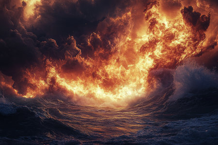 A stunning display of fiery clouds reflects on turbulent ocean waves during sunset, creating an intense atmosphere filled with vibrant colors and movement.の素材