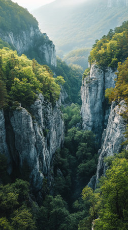 Towering cliffs surrounded by lush green trees display a stunning array of autumn colors while thick mist enhances the serene beauty of the natural landscape.の素材