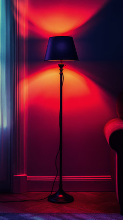 A tall floor lamp with a black shade emits vibrant red and blue light in a dimly lit corner of a cozy living room. The ambiance creates a warm, inviting atmosphere.の素材