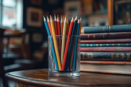 A collection of vibrant colored pencils is neatly arranged in a glass jar. The jar sits on a wooden shelf adorned with old books, creating a cozy study area.の素材