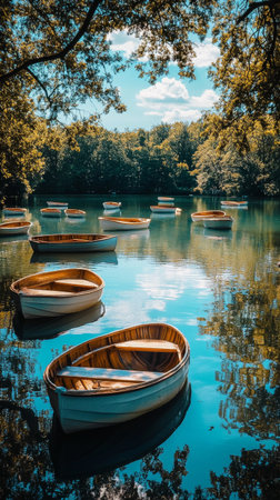 Rowboats are anchored on a calm lake surrounded by lush greenery. Soft clouds reflect on the waters surface, creating a peaceful atmosphere in the afternoon light.の素材
