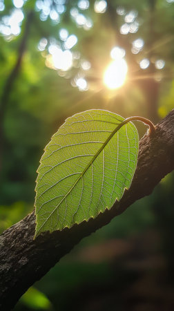 A vibrant green leaf rests on a branch, catching soft sunlight that filters through the trees in a dense forest. The delicate veins of the leaf are clearly visible, enhancing its beauty.の素材