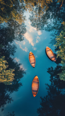 Rowboats are anchored on a calm lake surrounded by lush greenery. Soft clouds reflect on the waters surface, creating a peaceful atmosphere in the afternoon light.の素材