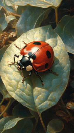A red ladybug with black spots is perched on a vibrant green leaf covered in distinctive pale dots, set in a lush outdoor environment.の素材