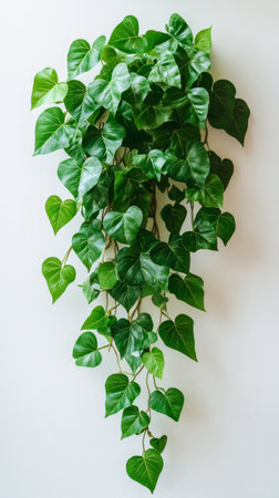 A vibrant arrangement of lush green leaves cascades down a light-colored wall, creating a refreshing indoor atmosphere with nature's touch.の素材
