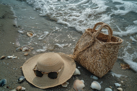 A sun hat rests on sandy beach with seashells scattered around, while sunglasses lie nearby. Gentle ocean waves lap at the shore under bright sunlight, creating a tranquil atmosphere.の素材