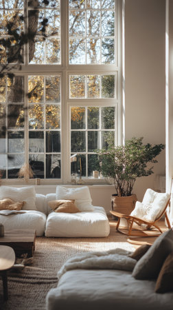 Sunlight streams through large windows into a cozy living room featuring soft furnishings, indoor plants, and a welcoming atmosphere for relaxation and social gatherings.の素材