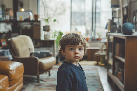 A young child stands thoughtfully in a warm, inviting living room filled with vintage furniture, bookshelves, and soft natural light streaming through large windows.の素材