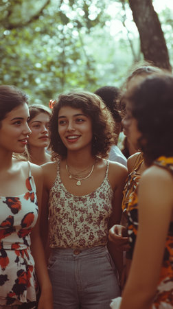 Three young women engaged in a lively conversation, enjoying their time together at an outdoor event amidst a sunny summer ambiance surrounded by friends.の素材