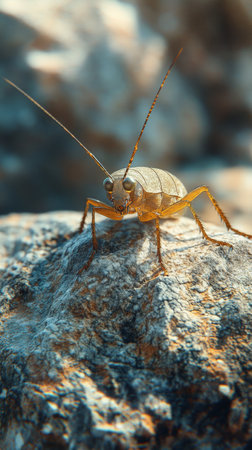 A cricket stands on a textured rock, showing its intricate features under natural light in an outdoor environment. The scene captures the essence of wildlife.の素材