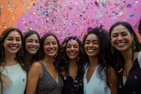Group of joyful friends smiling and posing closely as colorful confetti falls around them during a festive celebration indoors. Laughter and happiness fill the atmosphere.の素材