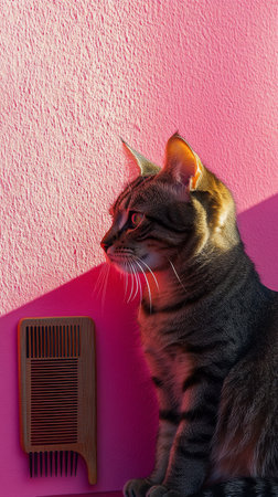 A striped cat sits calmly beside a vibrant pink wall, basking in sunlight that creates interesting shadows. Its alert expression shows curiosity in a warm atmosphere.の素材