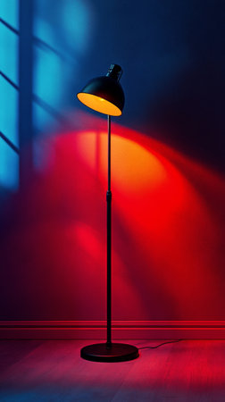 A tall floor lamp with a black shade emits vibrant red and blue light in a dimly lit corner of a cozy living room. The ambiance creates a warm, inviting atmosphere.の素材