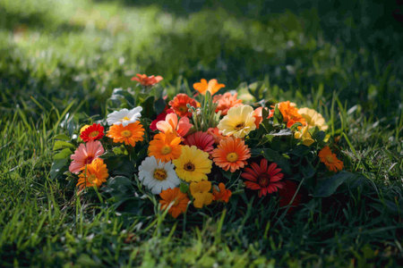 A colorful assortment of flowers in various shades fills a lush green garden. The vibrant blossoms create a lively atmosphere, enhancing the springtime beauty of the landscape.の素材