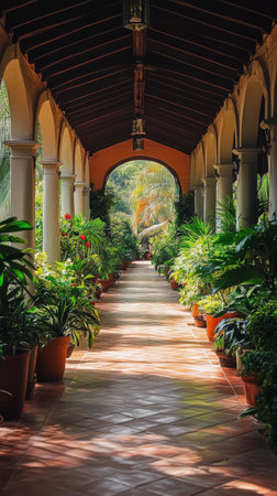 A serene corridor filled with vibrant plants and sunlight streaming through large windows creates a tranquil atmosphere in a botanical space.の素材